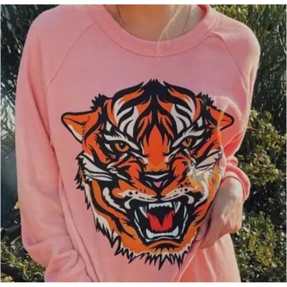 Aviator Nation Sweatshirt Size Large Tiger Graphic Crewneck Petal Pink NWOT